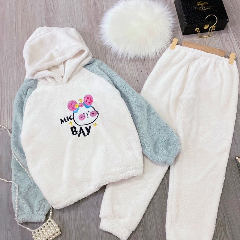 Bộ ngủ lông gấu thêu hình hộ nghĩnh,bộ lông hoodie áo phối màu quần jogger lông 2 mặt mượt mà siêu ấm phong cách hànquốc