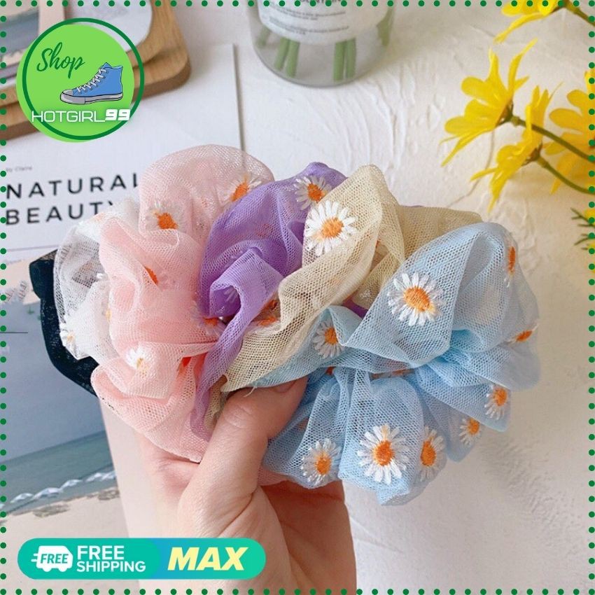 Dây buộc tóc,cột tóc scunchies vải lưới, cột toc họa tiết hoa cúc, buộc toc thanh lịch siêu hot / hotgirl99