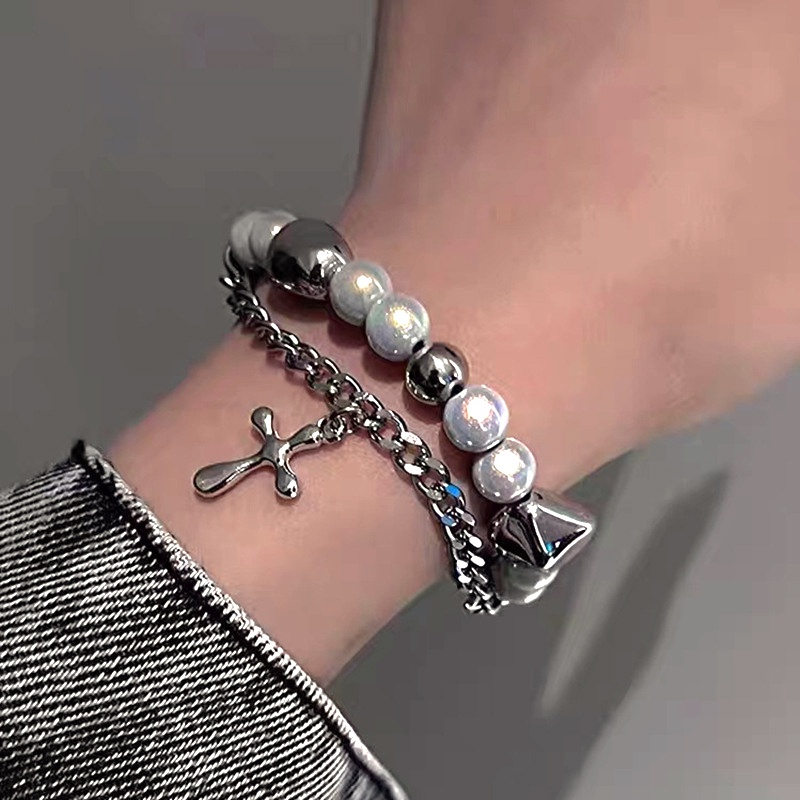 Vòng tay Hai lớp Phản Quang Chữ thập Ula shop dạng chuỗi cá tính Unisex VTC6