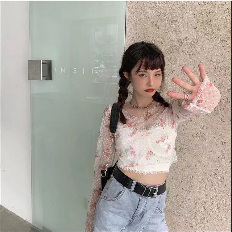 Áo Thun Lưới Tay Dài + Áo Hai Dây Phối Ren Hoa Phong Cách Hàn Quốc Dành Cho Bé Gái