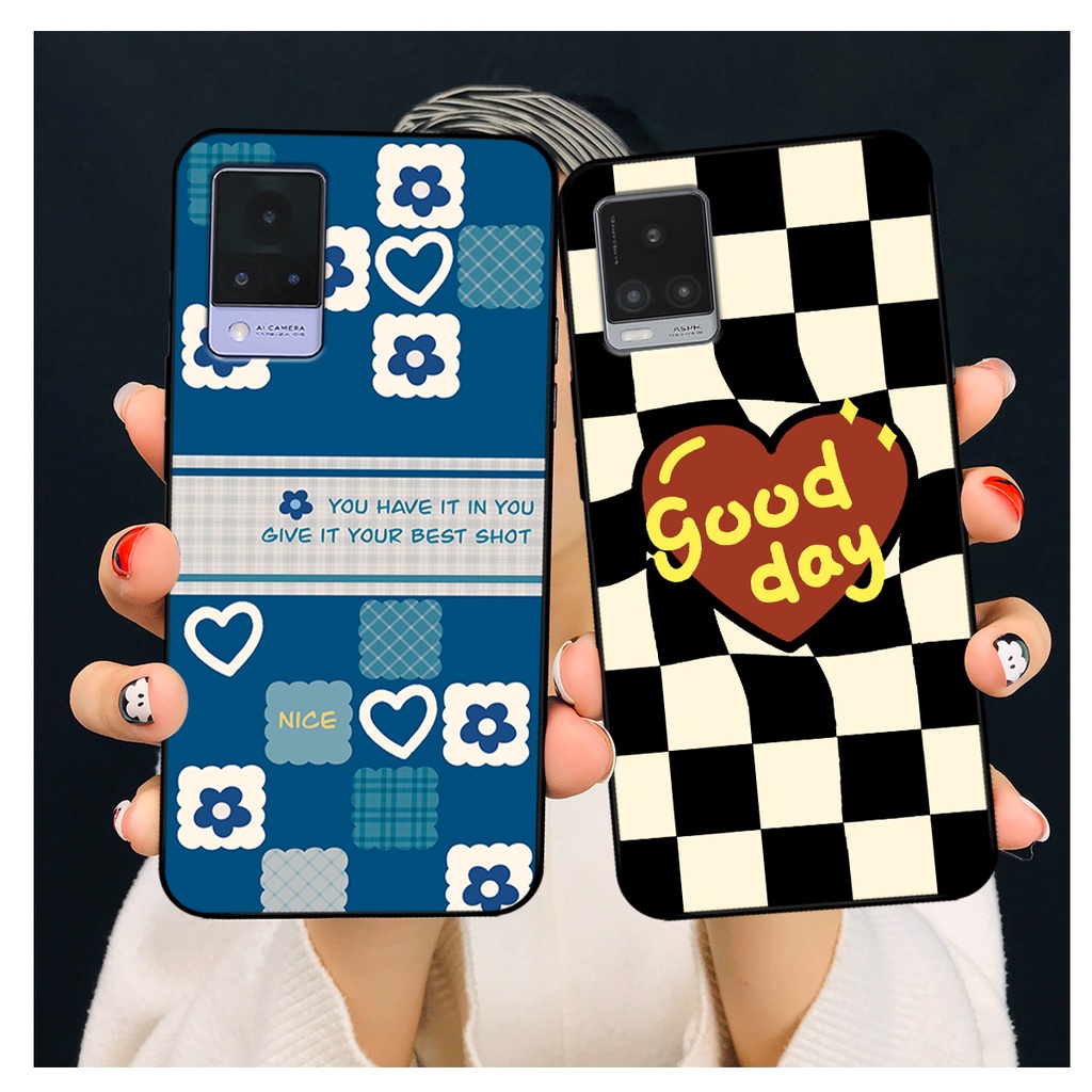 Ốp lưng Vivo V20 - Vivo V21 in hoạ tiết caro trái tim đen trắng, gấu bear cute đáng yêu