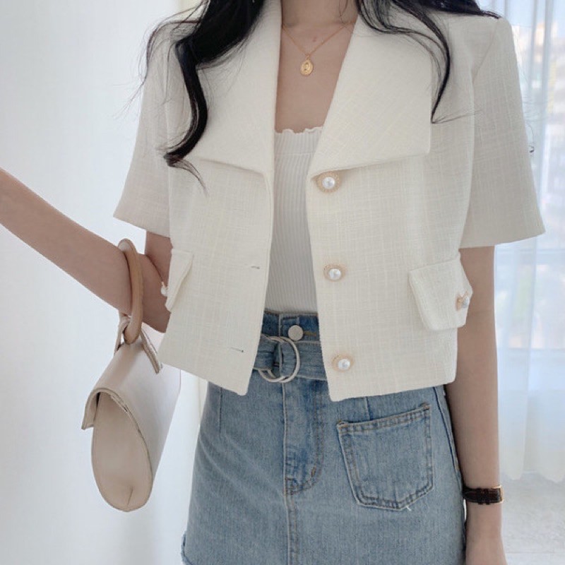 Áo blazer croptop chất tweed phối nút tiểu thư | BigBuy360 - bigbuy360.vn