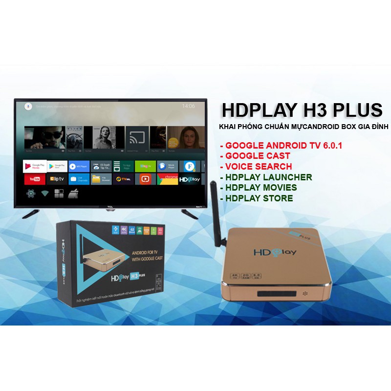 Android Tivi Box HDPlay H3Plus, Rom ATV 7.1.2, Ram 2GB, Bluetooth, tìm kiếm giọng nói