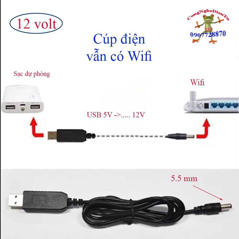 Cáp chuyển đổi điện áp từ cổng USB 5V sang 9 Volt hoac 12 volt
