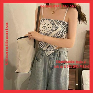 [Free ship] Áo 2 dây thổ cẩm Nữ ♥️ yếm  Bandana Hở Lưng Họa Tiết In Chất Bodip 2 Màu Đen/Trắng Vintage cá tính Ulzzang