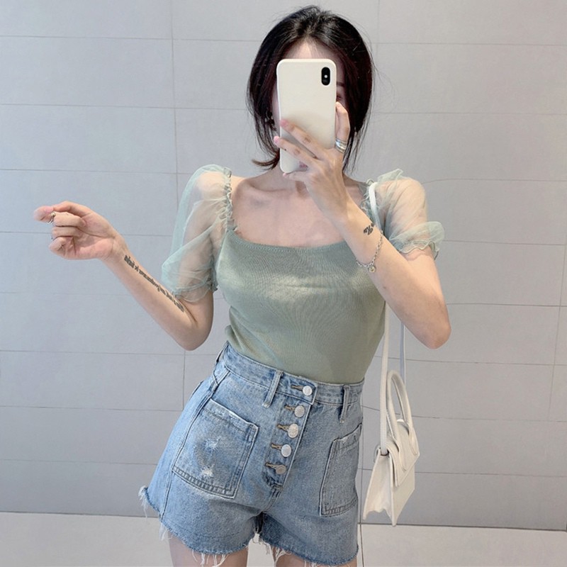 Áo Thun Nữ Tay Ngắn Phối Lưới Màu Trơn