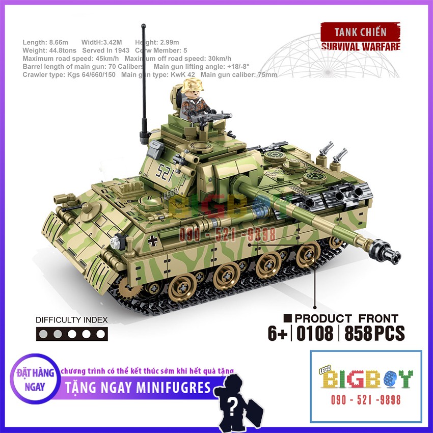 [GIẢM GIÁ] Đồ Chơi Xếp Hình Lego Xe Tank Quân Sự Cao Cấp 0108, 858PCS, Chất Liệu ABS