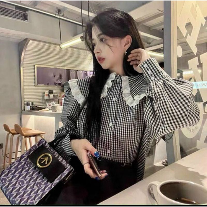 Áo sơ mi kẻ caro cổ 2 tầng bèo phối ren- dáng BABYDOLL MS267