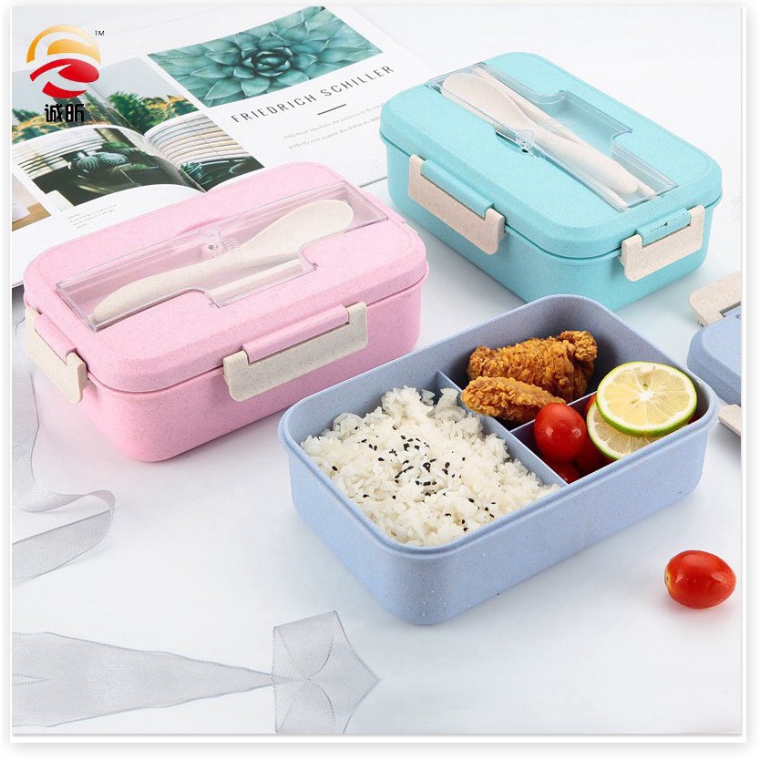 Hộp đựng cơm lúa mạch 3 ngăn giữ nhiệt tốt hâm nóng được trong lò vi sóng tặng kèm đũa thìa inox