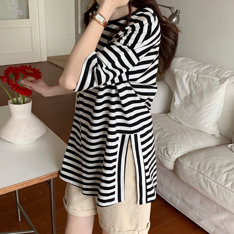 SUXI Đầm Thun Cotton Dáng Rộng Họa Tiết Sọc Trắng Đen Cổ Điển Thời Trang Mùa Hè Cho Nữ