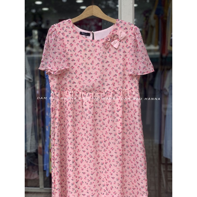 [HANNA] Đầm bầu hoa nhí vải voan mát mùa hè không nhăn có túi thiết kế dáng baby doll dễ thương cho mẹ trẻ có size 80kg