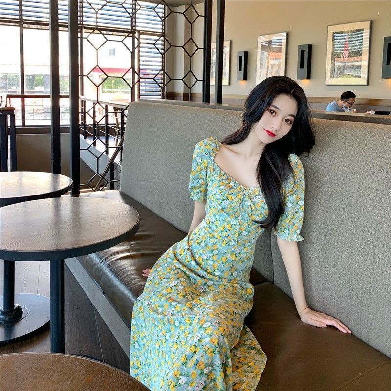 Đầm Dài Ôm Eo Họa Tiết Hoa Phong Cách Pháp Ngọt Ngào