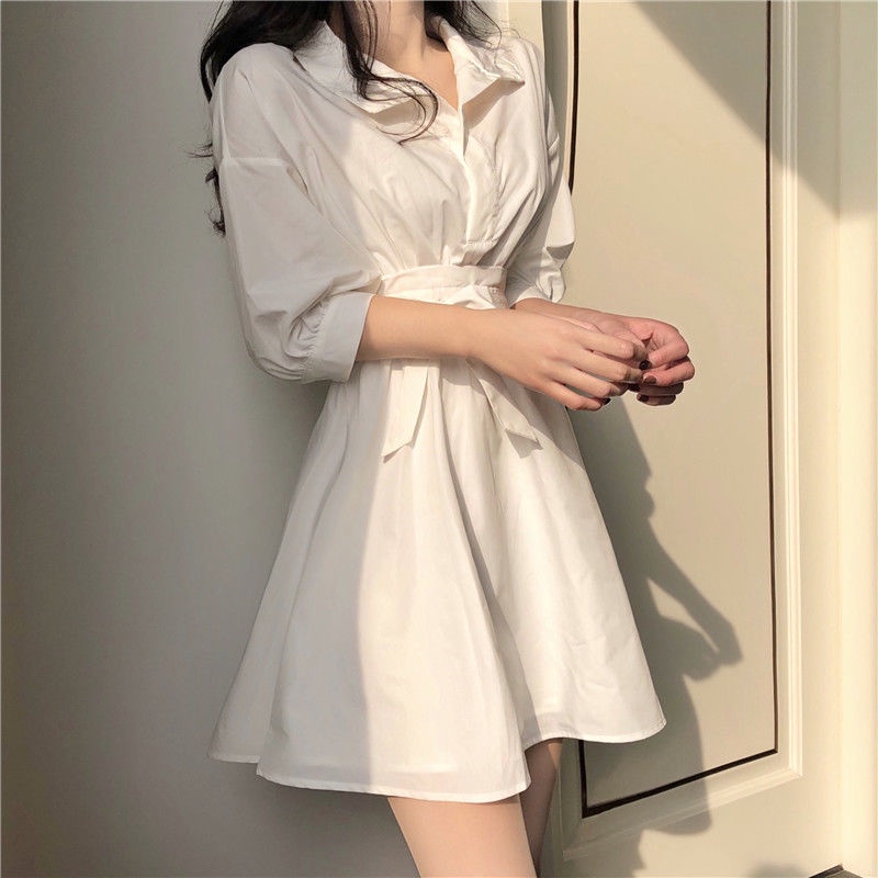 Đầm chữ A tay phồng màu trắng phong cách retro Pháp thời trang cho nữ