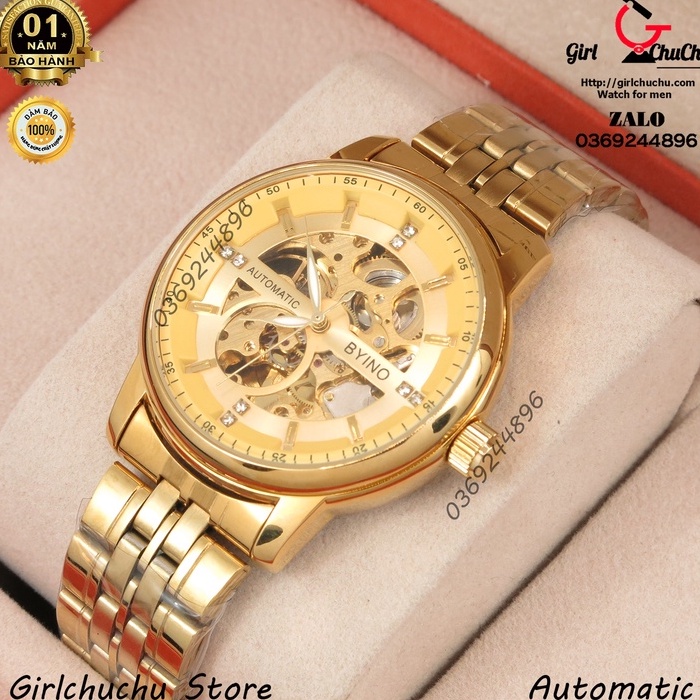 Đồng hồ nam Byino full vàng với thiết kế chạy cơ tự động không dùng pin, kiểu dáng trẻ trung năng động