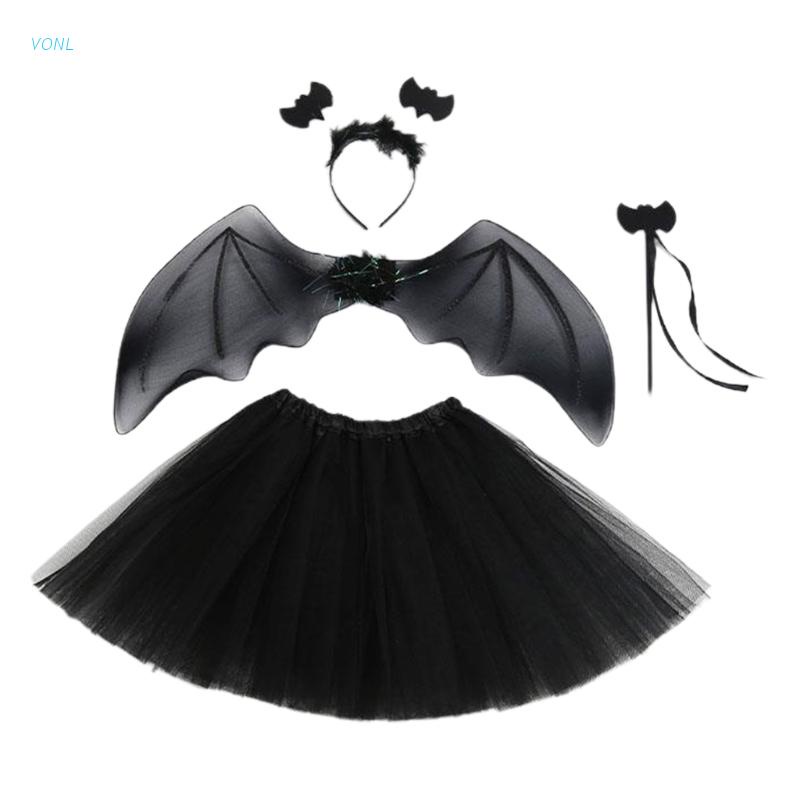 Chân váy xòe + đũa phép + cài tóc + cánh dơi hóa trang dành cho bé dịp lễ Halloween Vonl