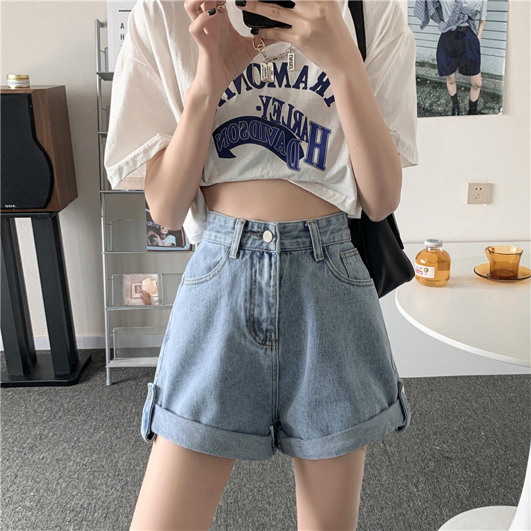 Quần jean short lưng cao dáng rộng phong cách retro Hàn Quốc thời trang mùa hè cho nữ