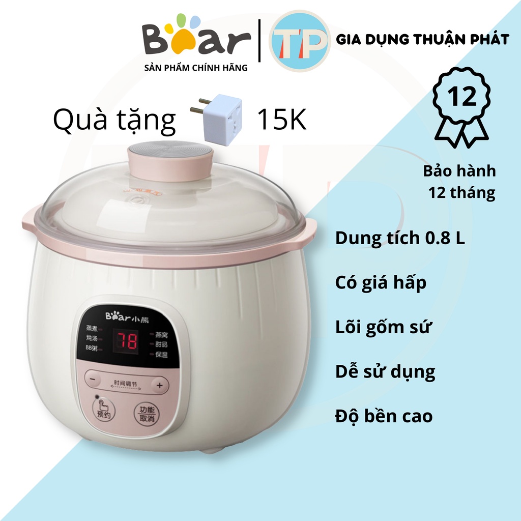 Nồi nấu cháo Bear B08C1S, dung tích 0.8L, ninh hầm, chưng yên, hấp cách thủy, sử dụng gốm sứ cao cấp