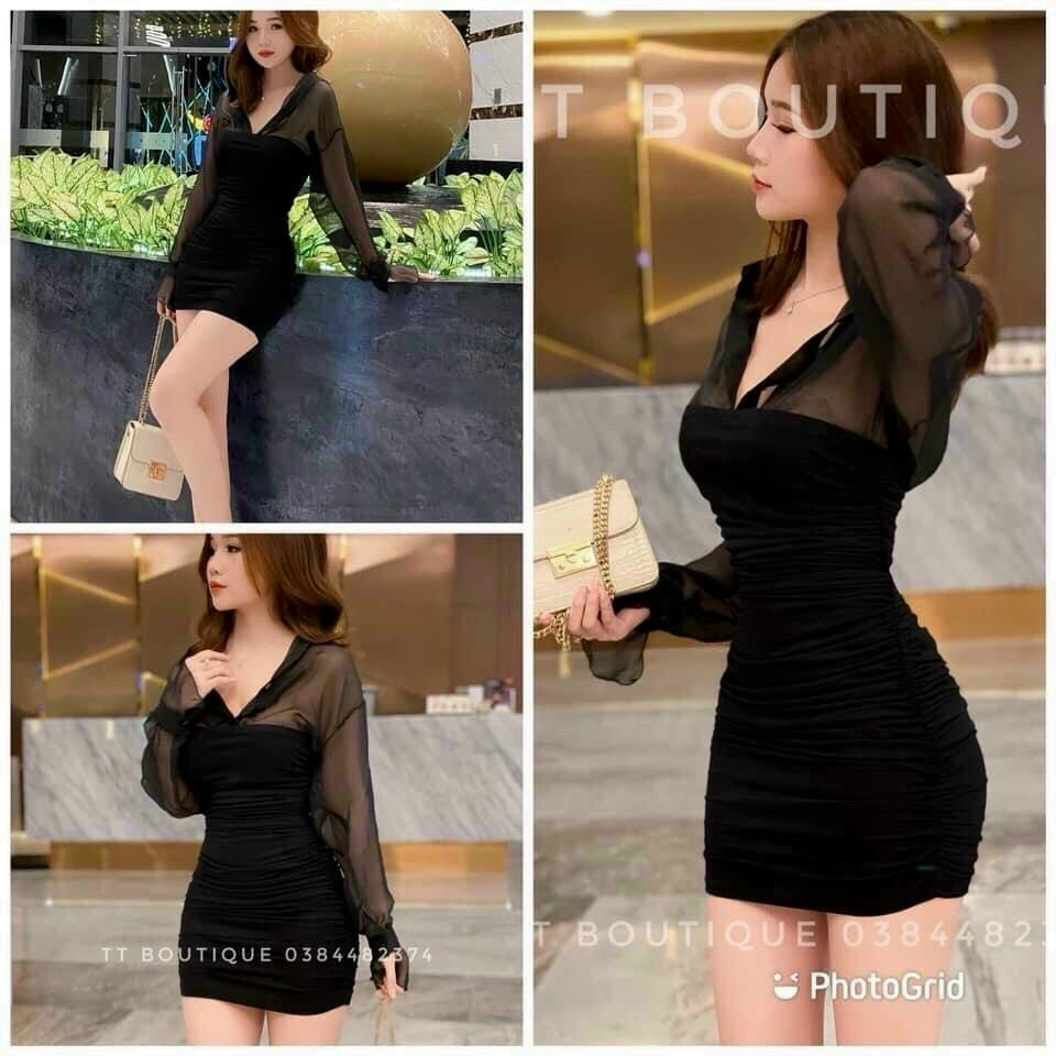 Đầm ôm body thiết kế xếp nhún phối áo khoác nhẹ sơ mi voan chuẩn xinh, trẻ trung H.T (Hàng cao cấp)