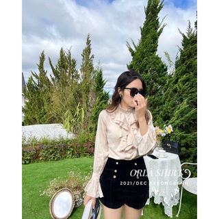 ORLA SHIRT Áo sơ mi nữ dài tay lụa cổ bèo ống loe cúc ngọc phong cách bánh bèo tiểu thư