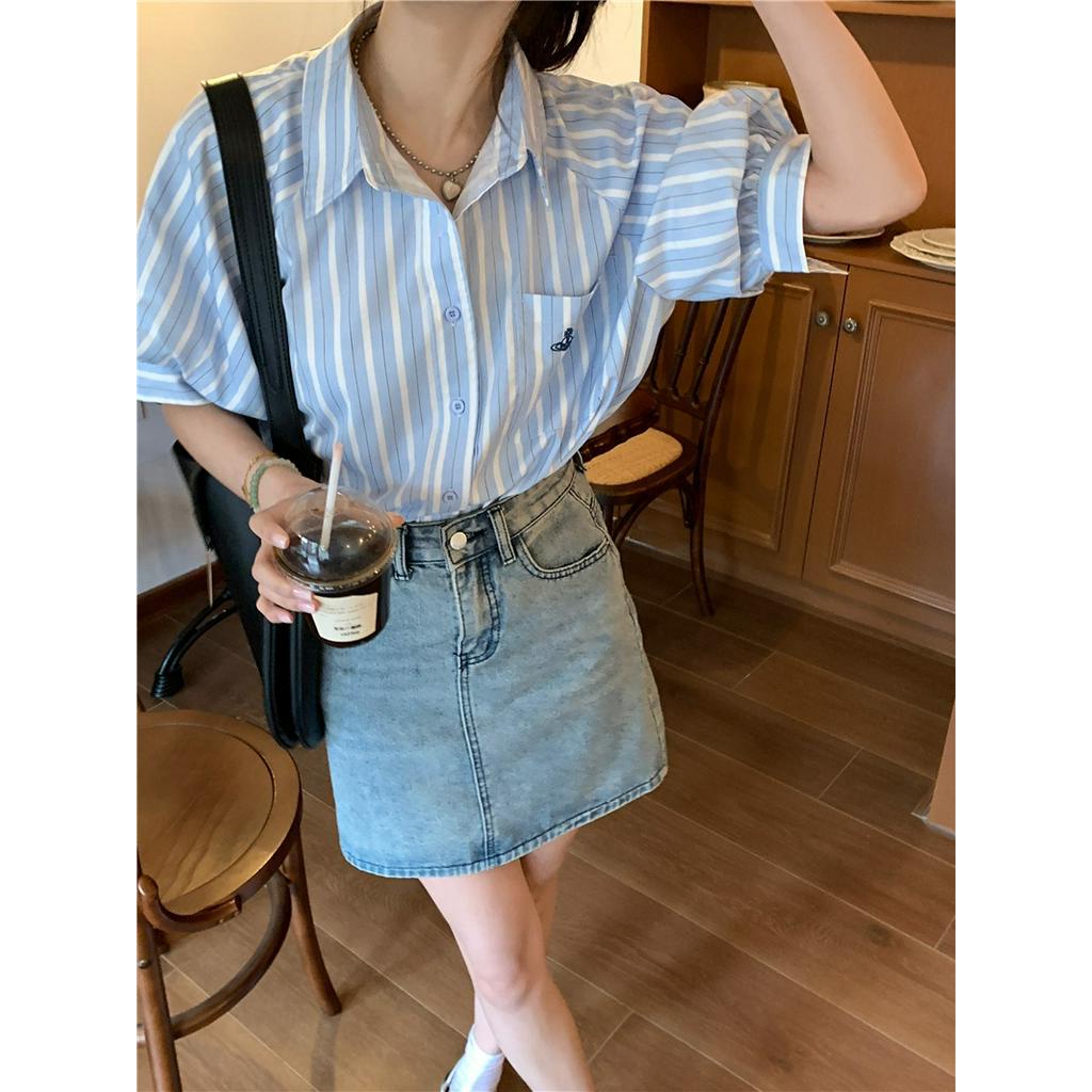 Áo Sơ Mi Kẻ Sọc Dáng Rộng Ngắn Tay Thời Trang Cao Cấp 64236