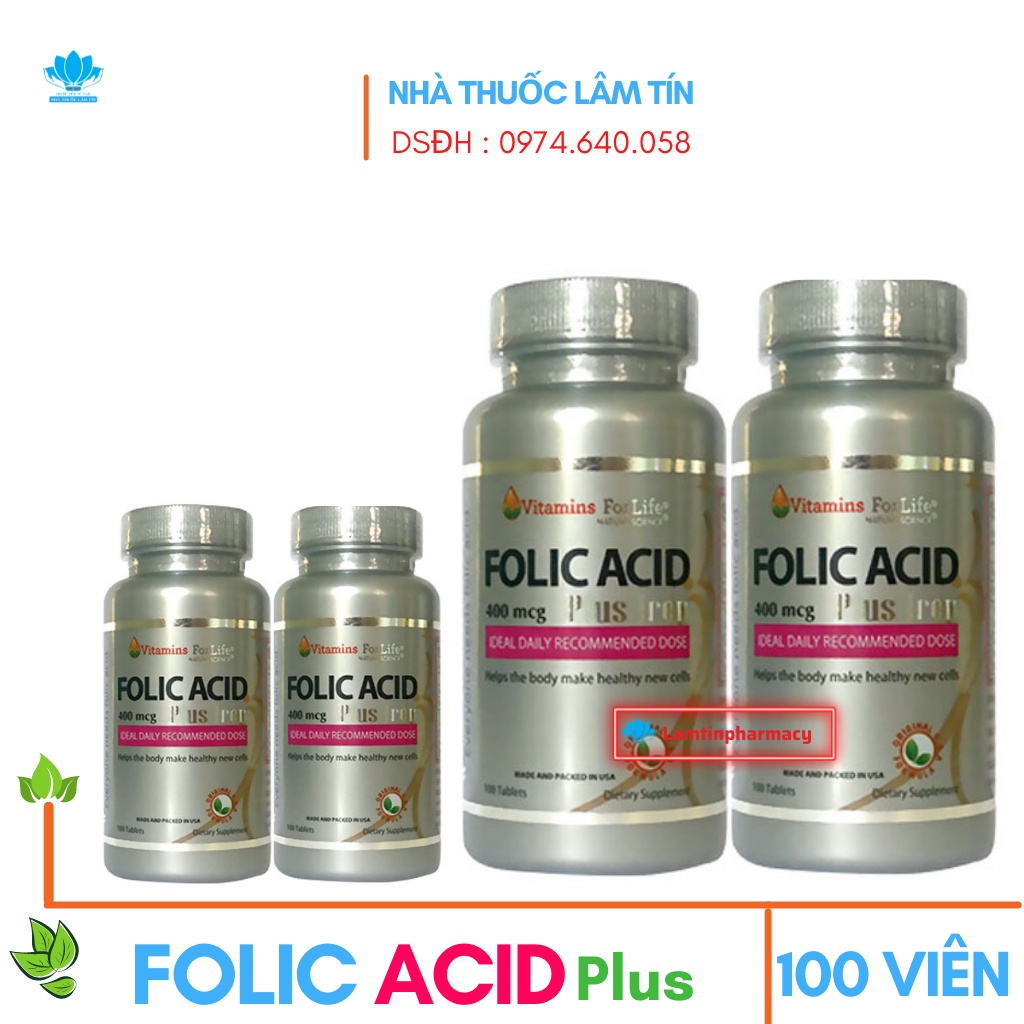 ☘️☘️☘️(Tặng quà chất) Folic Acid Iron - Bổ Sung Axit folic Cho Phụ Nữ Có Thai, Cho Con Bú Lọ 100 viên ( Chính Hãng USA )