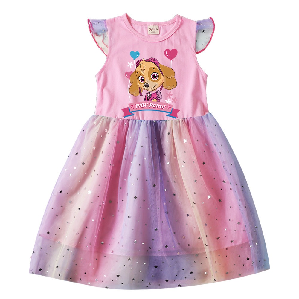 Đầm Hoạt Hình Paw Patrol Phối Kim Sa Tay Ngắn Màu Cầu Vồng Cho Bé Gái