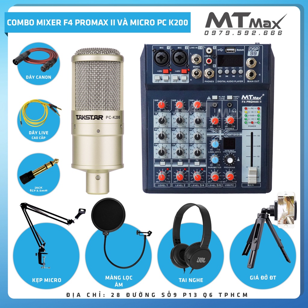 Combo thu âm karaoke livestream đỉnh cao siêu phẩm 2022 Mixer F4 Pro Max II và Micro K200 tặng full phụ kiện bh 12 th