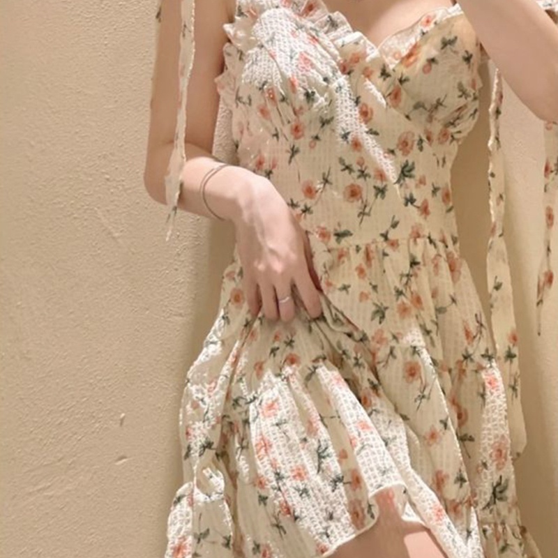 Đầm Chữ A Hai Dây Cổ Chữ V In Họa Tiết Hoa Phong Cách Vintage Thời Trang Mùa Hè Dành Cho Nữ