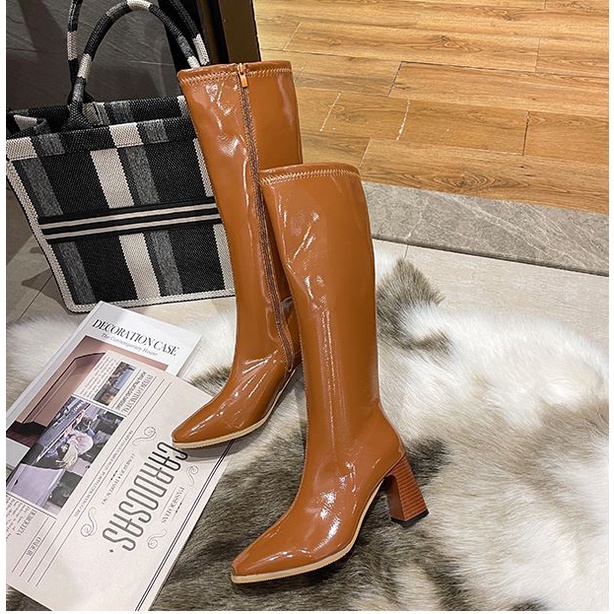 Bốt đùi nữ WOMEN STORY giày boots cao cổ da PU mềm bóng boot khóa sườn đế vuông 6cm boost thời trang mùa đông C27