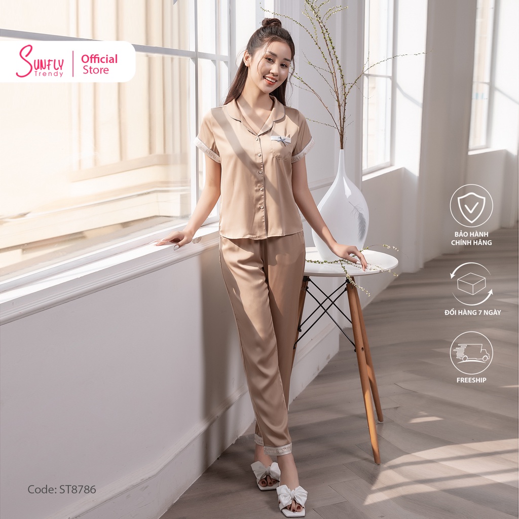 Bộ đồ mặc nhà nữ pijamas lụa SUNFLY áo cộc, quần dài ST8786
