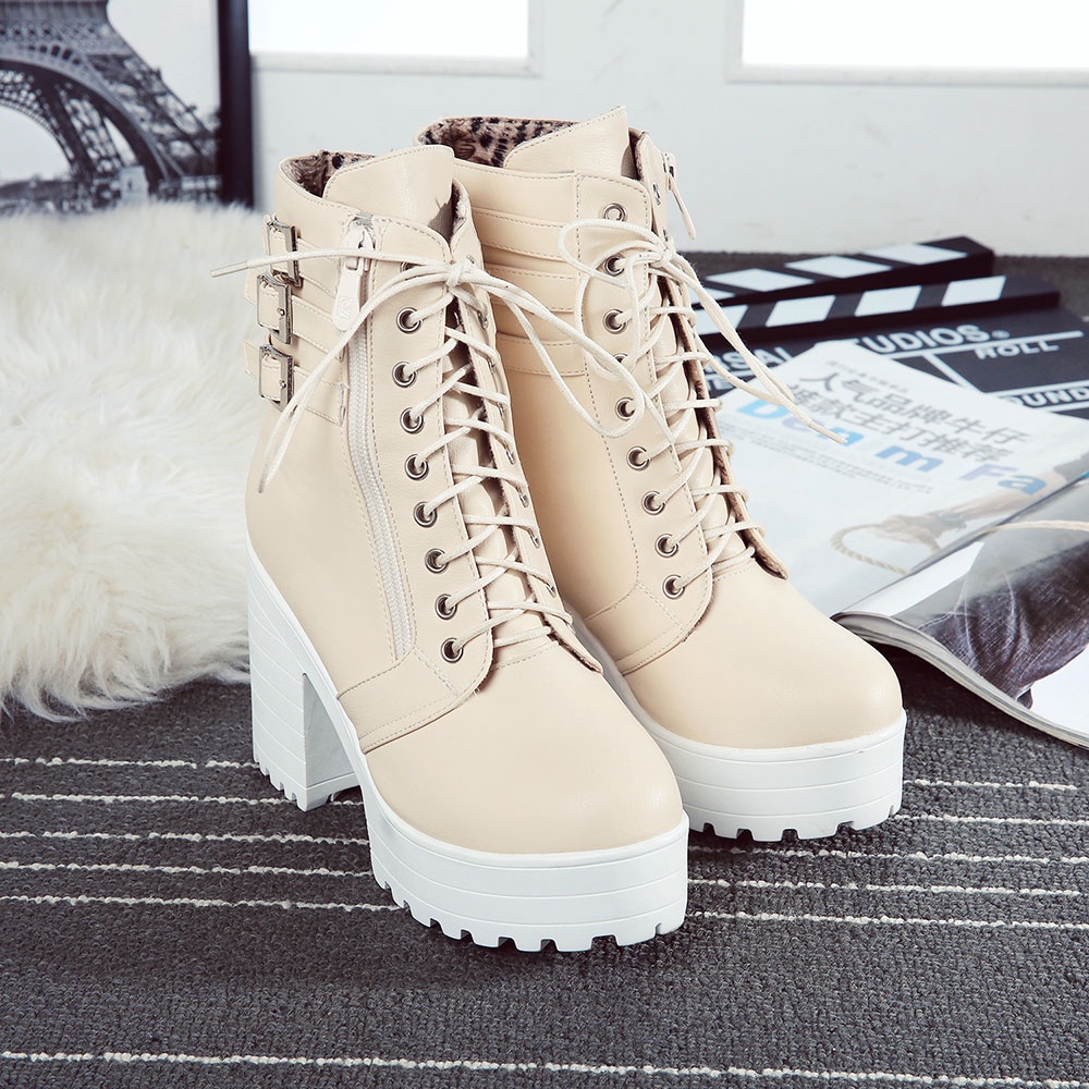 Giày Bốt Da Cao Gót Mũi Tròn Màu Trơn Có Dây Kéo Bên Hông Phong Cách Hàn Quốc Cho Nữ