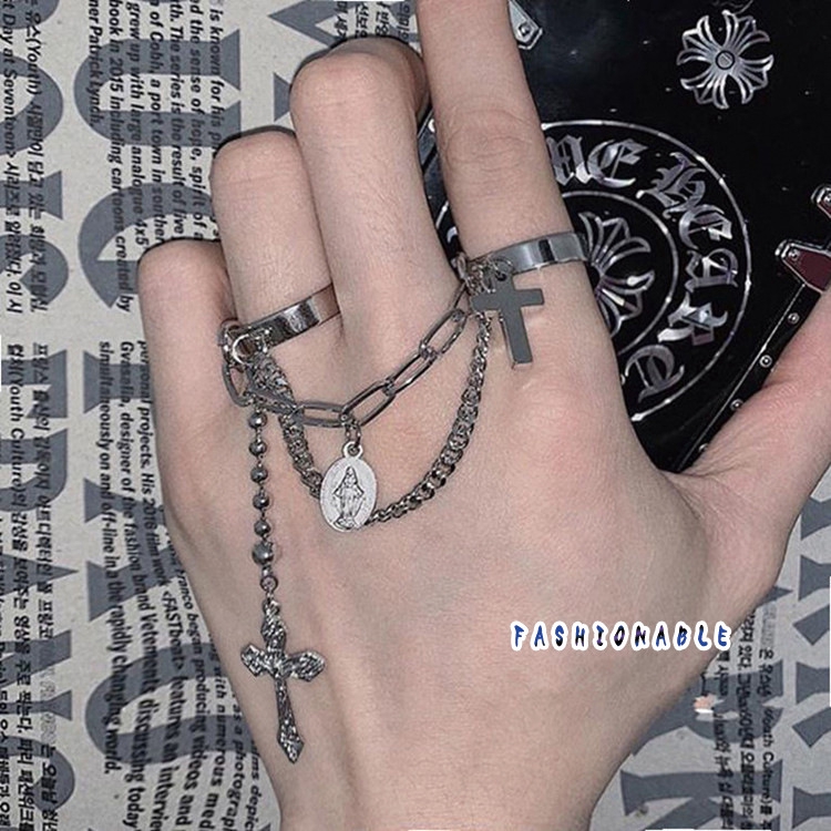 Nhẫn nối chuỗi xích đeo hai ngón mặt hình thánh giá phong cách Hip Hop cá tính