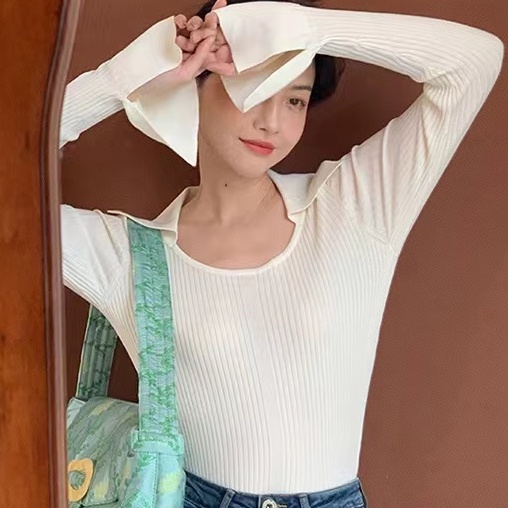 【ZHELIHANGFEI】Áo Dệt Kim Cổ POLO Tay Loe Ôm Dáng Phong Cách Sang Trọng Cho Nữ