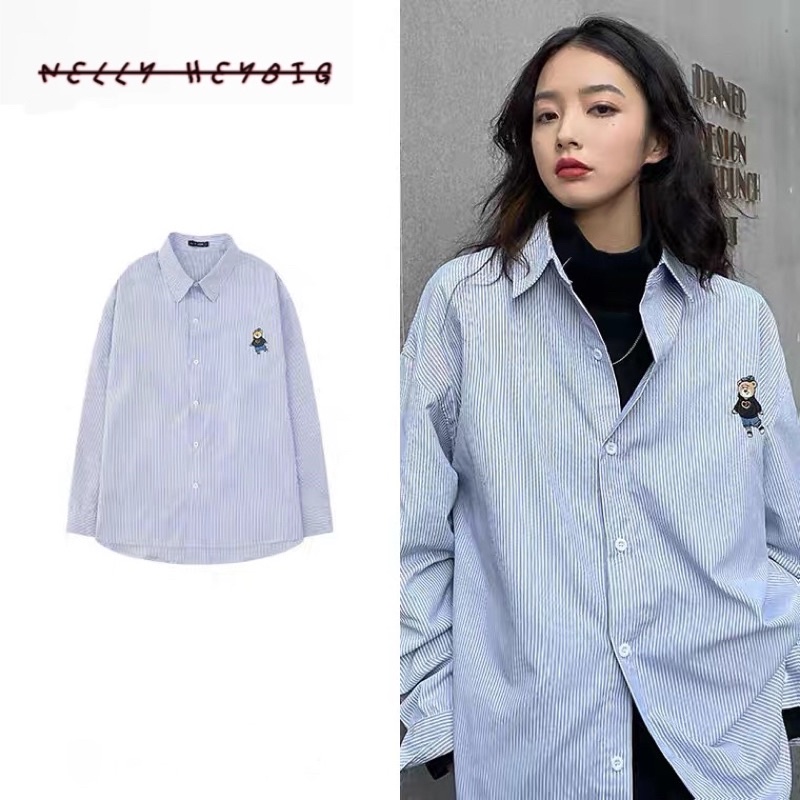 Áo sơ mi kẻ 7457 có hình thêu Nelly Heybig form rộng dành cho nam và nữ 00557