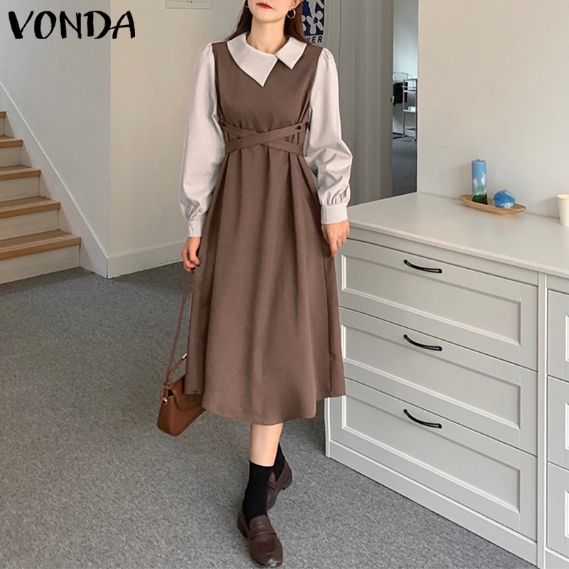 Đầm VONDA dáng dài xếp ly cổ búp bê tay dài màu sắc thanh lịch phong cách Hàn Quốc dành cho nữ