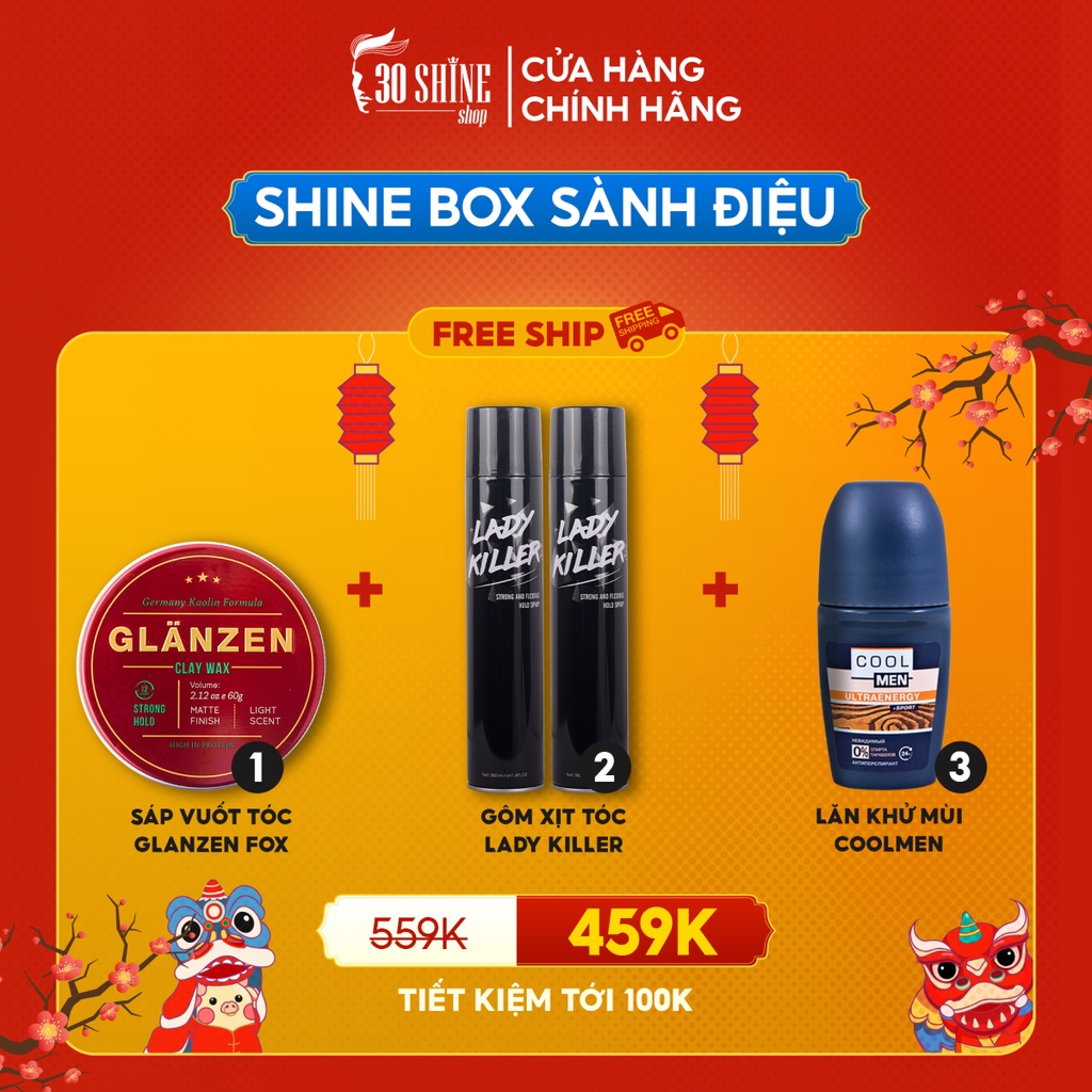 Combo Shine Box Sành điệu Sáp vuốt tóc Glanzen Clay Wax, Gôm giữ nếp tóc Lady Killer, Lăn khử mùi Coolmen