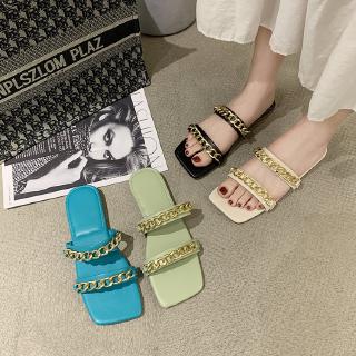 Giày Sandal Mũi Vuông Dép Dép Dây Đeo Phẳng Dây Xích Giày Đế Bằng Dép Dép Thoải Mái Phù Hợp Với