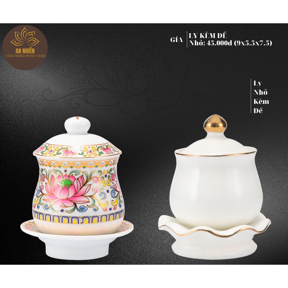 Bộ Ly Thờ Cúng Chun Bi Nhỏ Họa Tiết Hoa Văn Sen Hồng Bằng Sứ Cao Cấp (Phật Giáo An Nhiên)