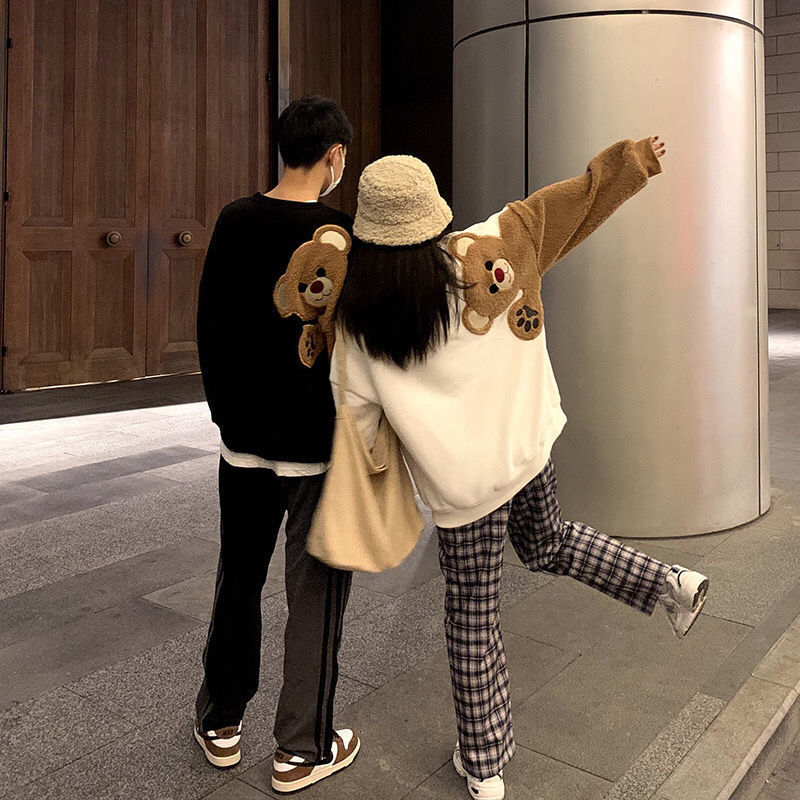 Áo sweater dài tay thêu hình gấu dáng rộng thời trang mùa đông dành cho cặp đôi