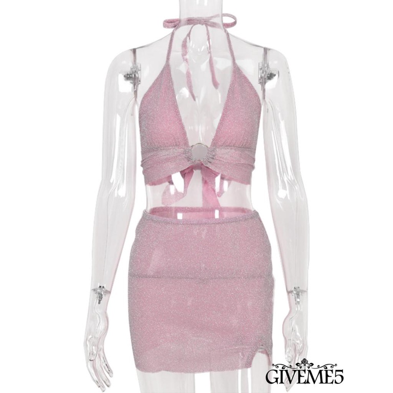 Set áo dây hở lưng + chân váy ngắn lưng cao màu trơn quyến rũ cho nữ