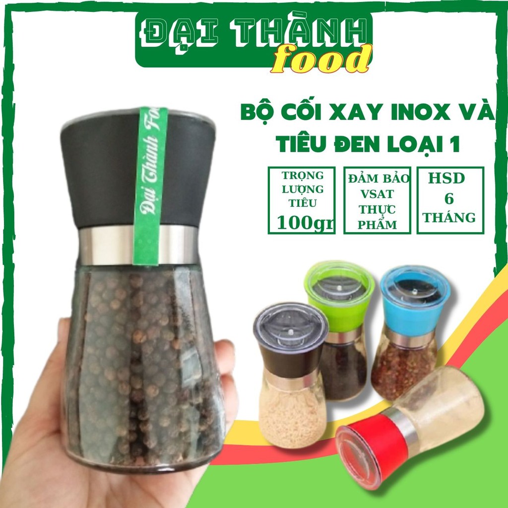 Cối xay tiêu thủy tinh nắp INOX DÀY, 100gr hạt tiêu đen tròn bóng chắc tuyển lựa kỹ của Đại Thành Foods