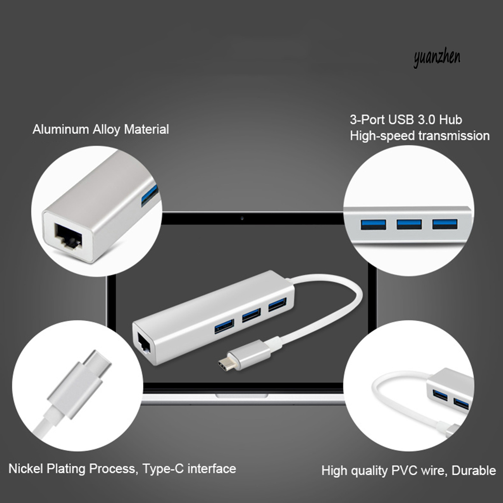 Hub USB Type C 3.1 sang RJ45 Gigabit Ethernet LAN thiết kế 3 cổng USB 3.0