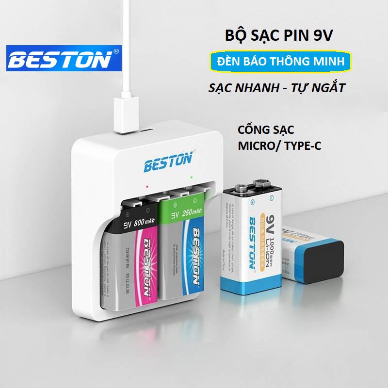 Bộ sạc pin 9V Beston M7023L có tính năng sạc nhanh, tự ngắt khi đầy, đèn báo thông minh dùng cho micro, đồng hồ vạn năng