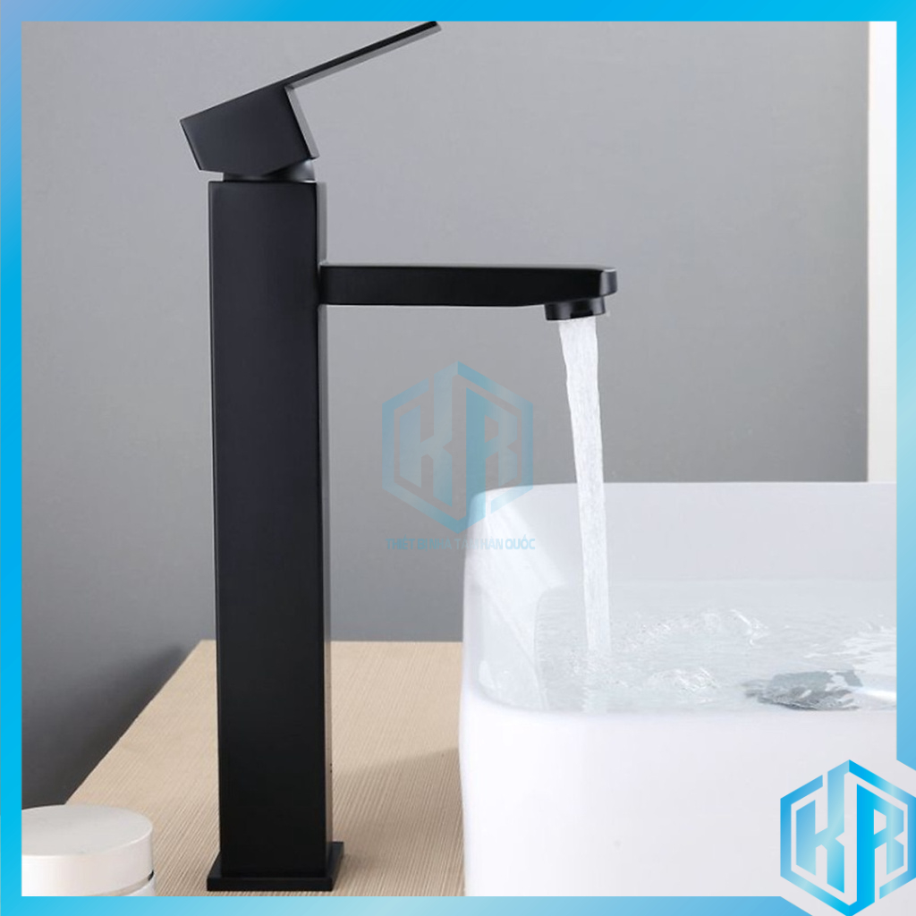 Vòi lavabo nóng lạnh inox 304 trụ vuông 30cm MÀU ĐEN nhờ lớp sơn tĩnh điện cao cấp, sang trọng, lịch lãm
