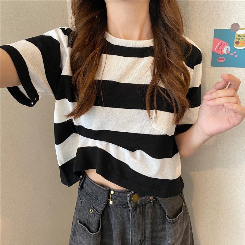 Áo thun dệt kim ZHELIHANGFEI ngắn tay họa tiết kẻ sọc trẻ trung cá tính