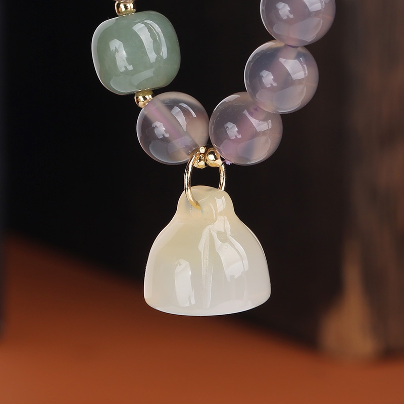 Hàng Mới Về [Hàng Mới Về] Vòng Tay Đá Mã Não Xám Mặt Hoa Sen Phong Cách Trung Hoa