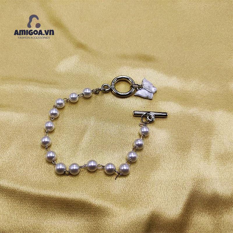 Vòng Tay Mặt Hình Bướm Đính Ngọc Trai Có Khóa Cài Phong Cách Retro Dành Cho Nữ