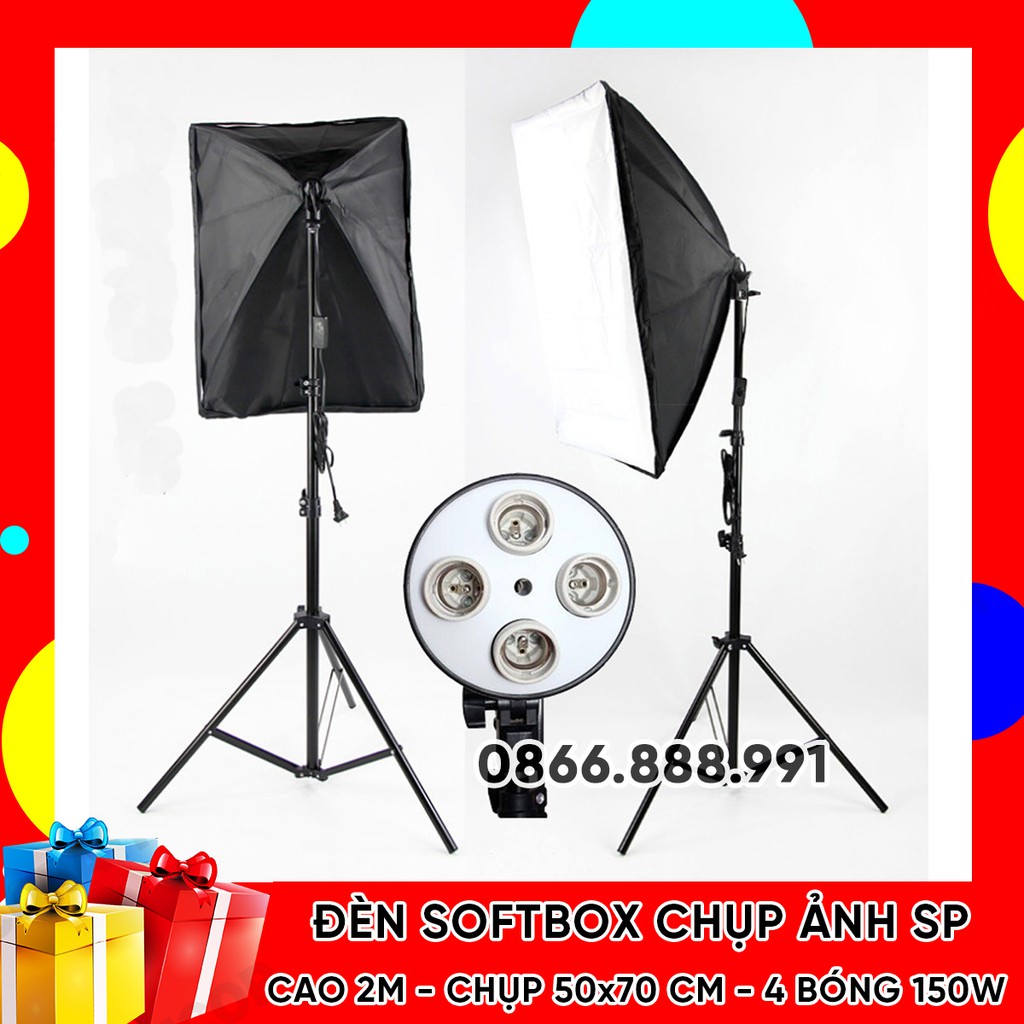 (Hàng Có Sẵn) Bộ Đèn Studio Chụp Ảnh Sản Phẩm 4 Bóng Đèn 150W, Chân Đèn 2m, Kèm Softbox 50x70, Hỗ Trợ Sáng