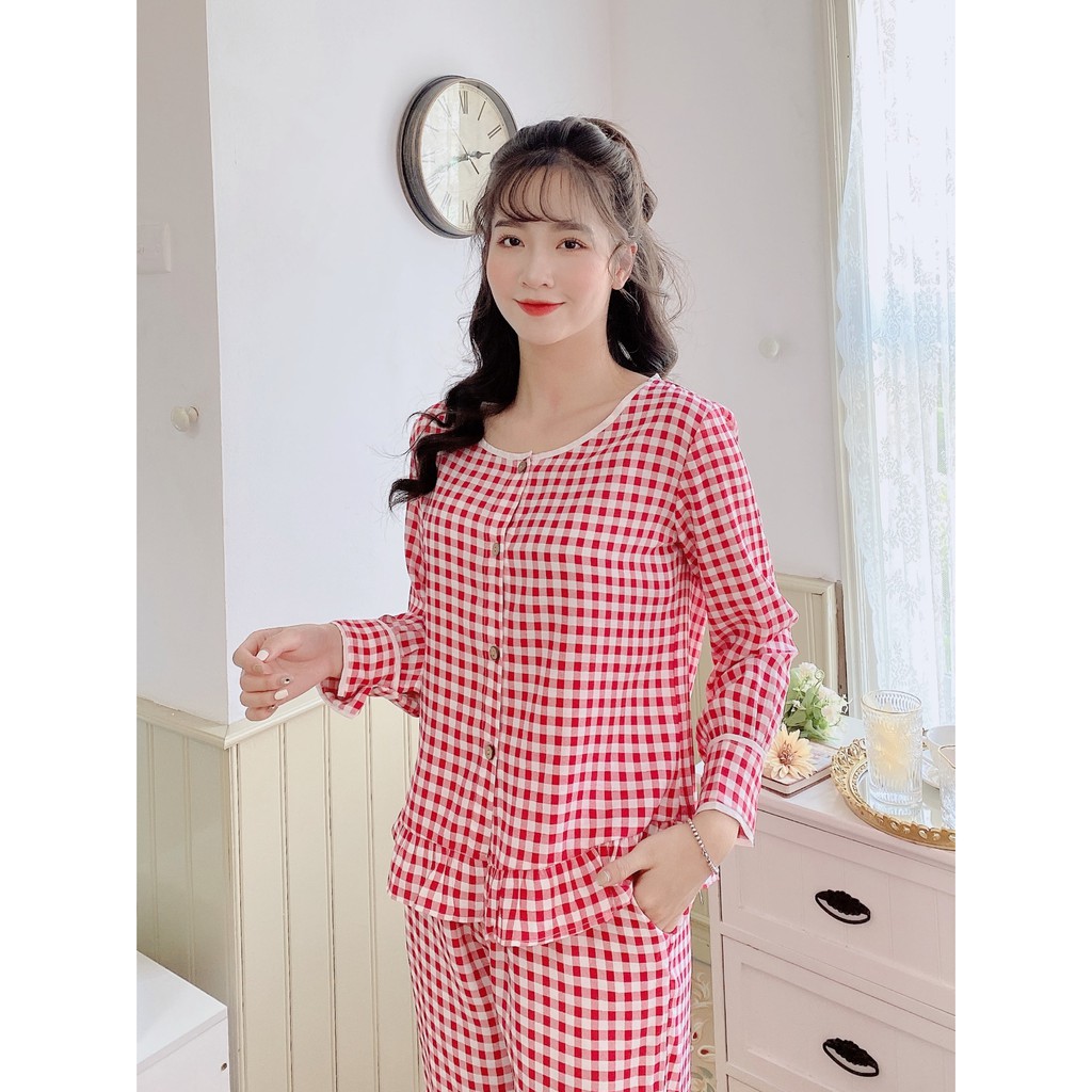 Đồ bộ ngủ tay dài quần dài JANE vải thô cotton kẻ viền bèo - màu đỏ K601