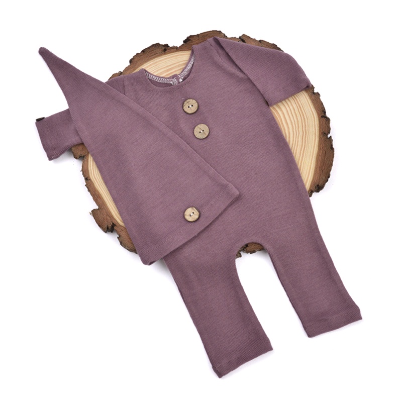 Bộ 2 Món Áo Liền Quần Màu Trơn Cài Nút + Mũ Đuôi Dài + Băng Đô Chụp